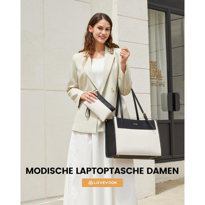 LOVEVOOK Сумка для ноутбука, жіноча велика водонепроникна сумка-шоппер з PU шкіри, для роботи, навчання, 15.6 дюймів (Чорний+бежевий)