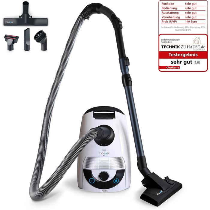 Пилсос Hoogo B3+ з мішком | Пилсос для підлоги | Потужний, з HEPA-фільтром, 850 Вт, радіус дії 11 м, тихий (74 дБ), об'єм пилозбірника 3 л, з набором насадок, білий, з кабелем
