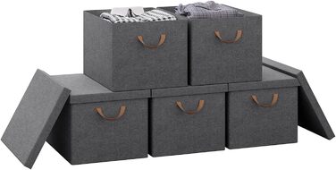 Коробки для зберігання Набір з 5 шт. , Коробка з кришкою, Тканинна коробка, Кошик для зберігання, Складна коробка, Куб для зберігання з ручками, Складна коробка, Для одягу Іграшок, сірий, 38x20x27 см, ABB01GBN-5 (51 л (5 шт. ))