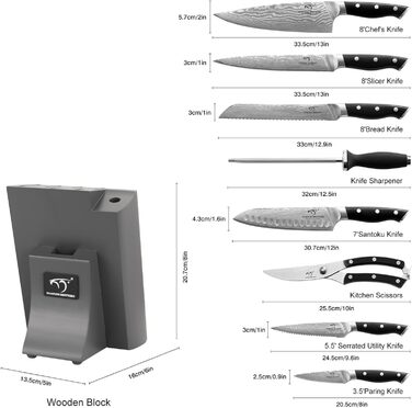 Набір кухонних ножів Дамаск з дерев'яним блоком, професійний кухонний набір, VG10, 67 шарів, преміум якість (9 предметів, сірий)
