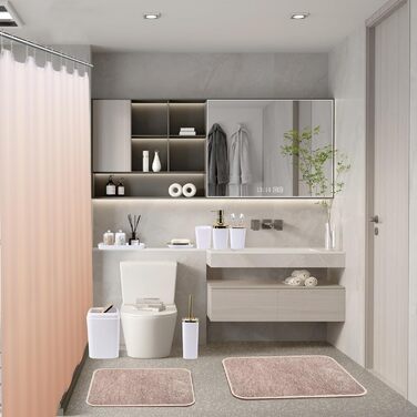 Комплекти аксесуарів для ванної кімнати, 9 предметів: сміттєвий бак, лоток для косметики, дозатор мила, мильниця, стакан для зубної щітки, щітка для унітазу, тримач для ватних паличок (білий та золотий), комплект для ванної + штора для душу + килимок для 