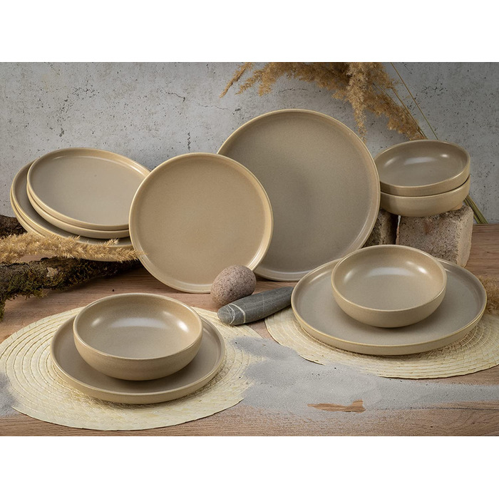 Набір посуду серії uno, набір тарілок з 12 предметів (сервіровка столу з 12 предметів, пісок), 22979