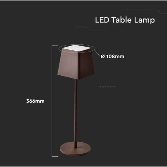 LED настільна лампа V-TAC з бездротовим живленням, сенсорне керування, акумулятор 4400 mAh, тепле світло 3000K, IP54, коричневий колір, для дому та вулиці