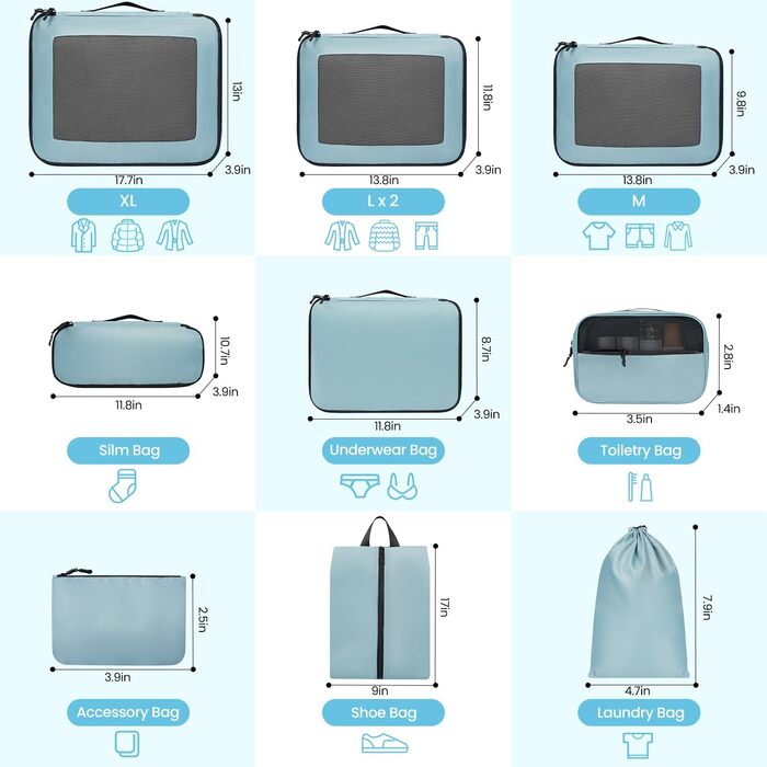 Набір органайзерів для одягу в дорогу Packing Cubes для валізи, 10 шт, блакитно-зелений