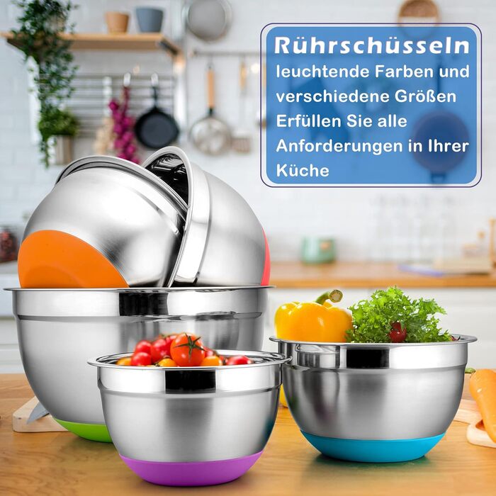 Набір мисок Herogo (6 шт.) з нержавіючої сталі з кришками, 6,7л/3,3л/2,5л/1,5л/1,2л/0,7л. Складаються, для приготування, випічки та зберігання. Можна мити в посудомийній машині (кольорові)