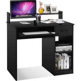 Письмовий стіл з шухлядою, шухлядою для клавіатури, лотком і відкритим відділенням, компактний комп'ютерний стіл Стіл для ПК Офісний стіл Робочий стіл, 90 x 48 x 91,5 см (чорний)