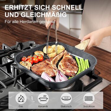 Сковорода-гриль GiPP 28x28 см, сковорода для стейків, індукційна, алюмонієвий литний матеріал з гранітно-антипригарним покриттям, 100% без PFOA, підходить для всіх типів плит, легко миється, білий колір