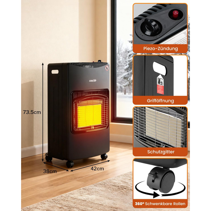 Газовий обігрівач Cooltop 4200W з керамічним нагрівачем, для дому, на бутан/пропан, без балончика, з регулятором та шлангом (чорний)