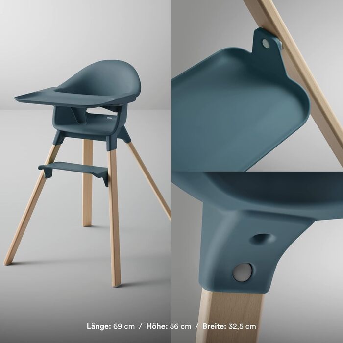 Дитячий стільчик Stokke Clikk, Fjord Blue – комплект з підносом та ременем безпеки, ергономічний, регульований, 6-36 місяців, до 15 кг