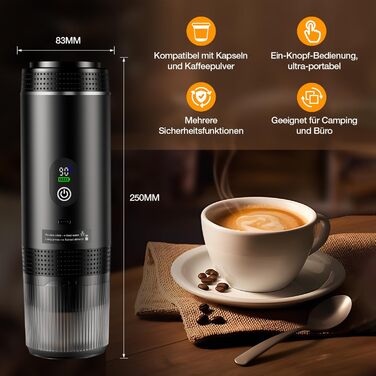 Міні кавомашина FNITAER для подорожей: 3-в-1, акумулятор, USB, капсули та мелена кава, для авто, кемпінгу, чорний