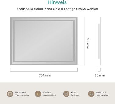 Дзеркало для ванної кімнати EMKE з підсвічуванням 120x60 см, тепле біле світло 3000K, вимикач, матовий бортик 2.70 x 50 см