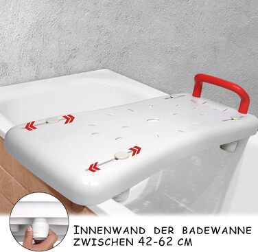 Сидіння для ванни для людей похилого віку, дошка для ванни для сидіння 70 * 31 см, регульована 41-63 см для дошки для ванни Біла ПП пластикова червона ручка, до 150 кг для допоміжного засобу для входу в душ для дорослих
