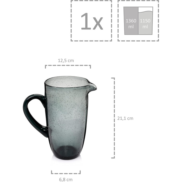 Скляна глечка SÄNGER London 1,15 л сірого кольору з ручкою. Глечка для води, крижаного чаю, 1150 мл, стійка до миття в посудомийній машині.