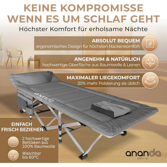 Розкладне кемпінгове ліжко з матрацом та простирадлами 190x70 см, витримує до 200 кг, доросле похідне ліжко для подорожей та гостей