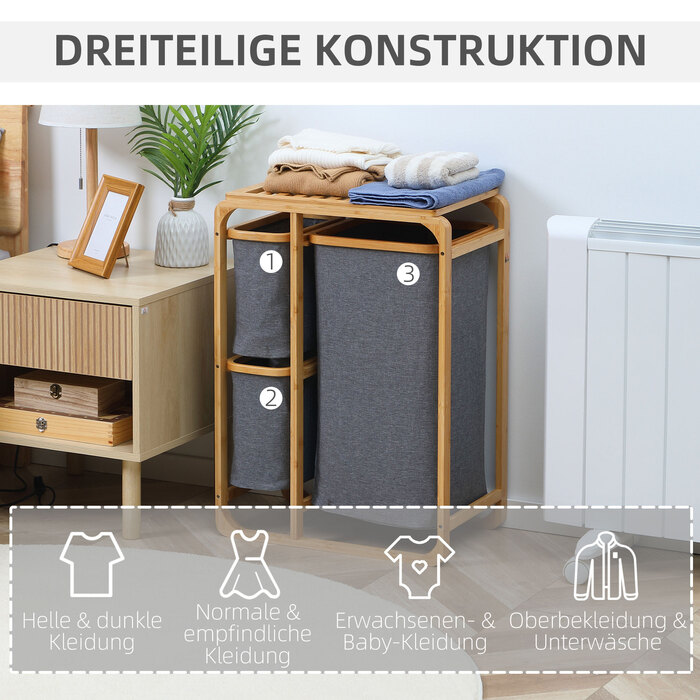 Кошик для білизни HOMCOM з платформою Бамбуковий кошик для білизни з 3 знімними мішками для білизни, сортувальник білизни, сірий + натуральний, 50x32x69,7 см| Аосом