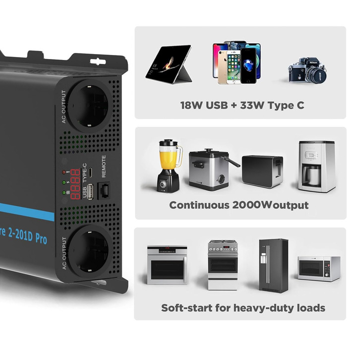 Інвертор 2000 Вт Перетворювач чистої синусоїди напруги 12 В 230 В LCD 2 X USB і пульт дистанційного керування Перетворювач 2000 Вт і короткочасний піковий 4000 Вт Інвертор 2000 Вт 12 В