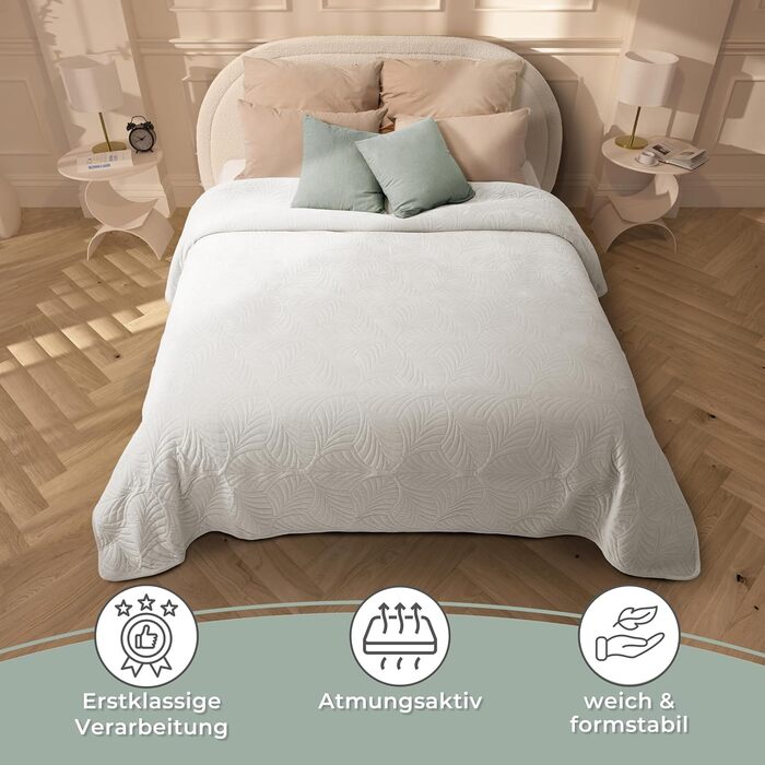 Преміум ковдра-плед Gräfenstayn 240x260 см – надзвичайно м'яка, безшовна стежка, дизайн з листям, для ліжка та дивану (кремовий)