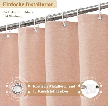 Шторка для душу EurCross з льону, текстурована, 180x220 см, текстиль, водонепроникна, з 12 колечками, рожева, для готелю, антигрибкова, миється
