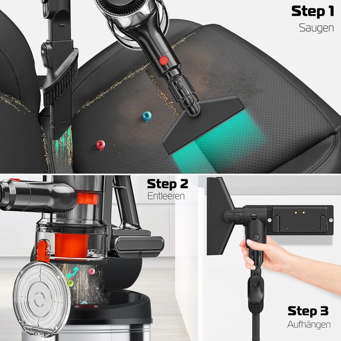 Бездротовий акумуляторний пилосос KESSER® з LED дисплеєм та аромакапсулою | Бездротовий пилосос без мішка з антизаплутаною насадкою, HEPA-фільтром, час роботи до 60 хвилин, для твердих поверхонь та килимів, чорний/червоний