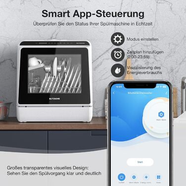 BLITZHOME Міні посудомийна машина з керуванням через додаток, 6 програм, портативна, 5л бак, з/без підключення до води, функція сушіння, для кемпінгу