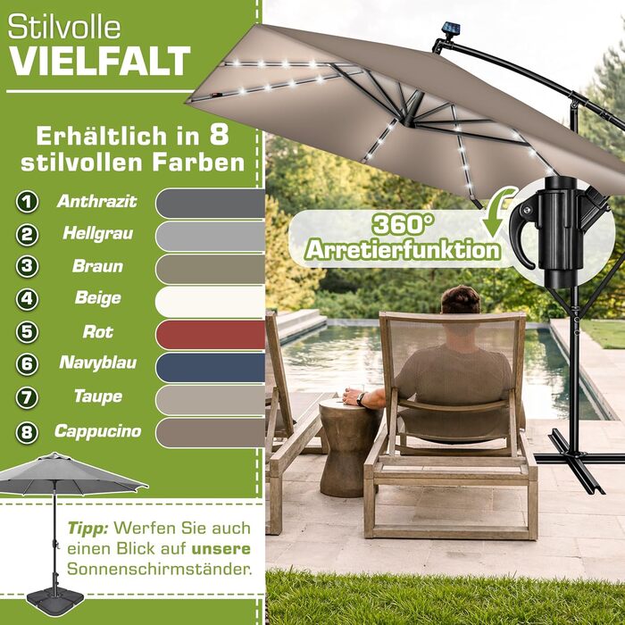 Прямокутна садова парасолька tillvex® Alu 330 см з LED-підсвіткою, ручкою та чохлом, колір Капучино — Алюмінієвий зонт-ампел з стійкою, захистом від вітру та UV-променів, водонепроникний, поворот на 360°