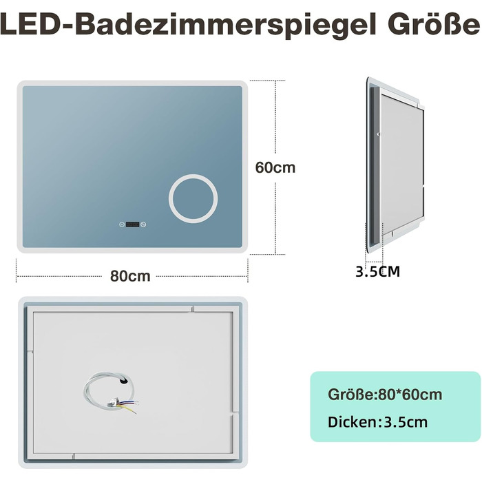 Дзеркало для ванної кімнати з LED-підсвічуванням GIMBELEN 80x60 см, прямокутне, сенсорне управління, регульована яскравість, 3 кольори світла, антизапарник, для вертикального/горизонтального монтажу