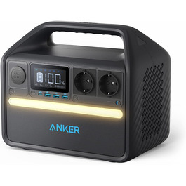 Компактна електростанція Anker 535 (потужність 512 Втгод), портативний генератор живлення 512 Втгод 500 Вт 7-портовий зовнішній електрогенератор, 2 порти змінного струму, порт USB-C PD 60 Вт, світлодіодне освітлення (відремонтоване)