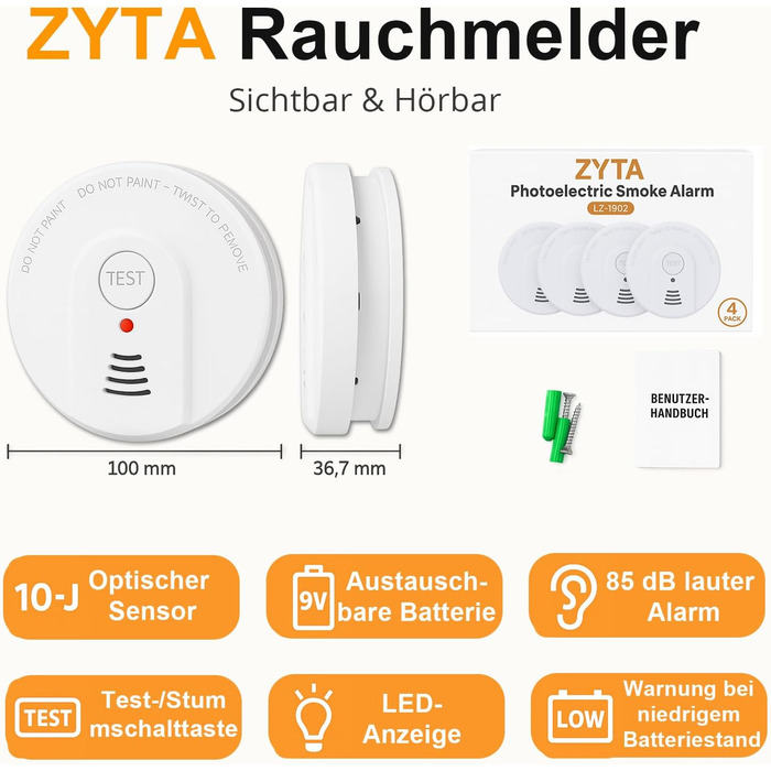 Датчики диму для дому та офісу з фотоелектричним сенсором на 10 років, оптичний детектор диму на батарейці, 2 шт. (4 шт. з батарейкою, 1902-4PCS)