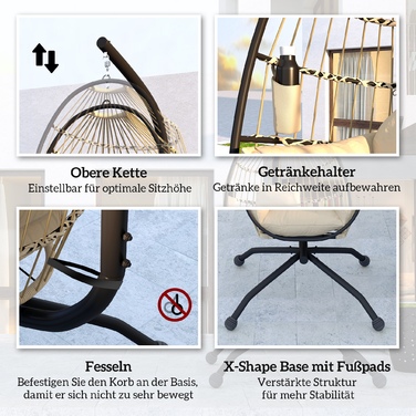 Підвісне вуличне крісло-гойдалка з розкладним плетінням, товстими подушками, стійкою, підголівником, тримачем для напоїв, кольору хакі.