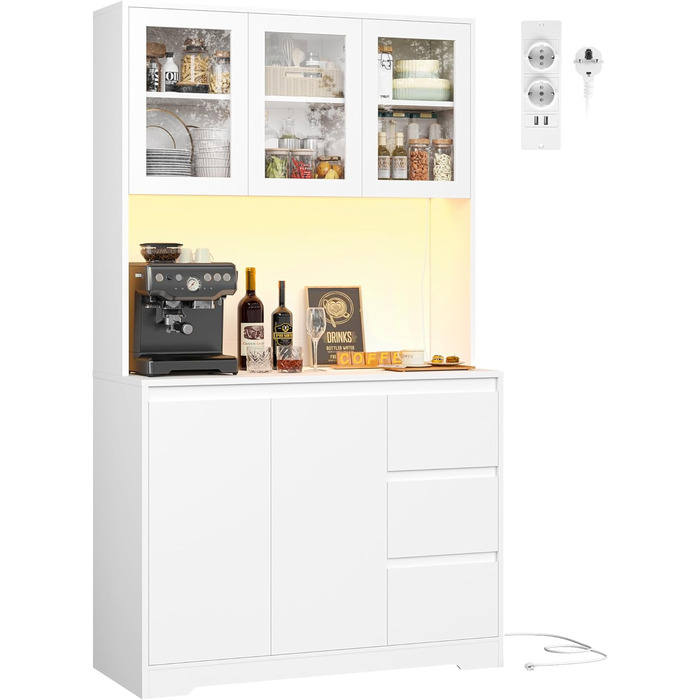 Кухонна шафа FirFurd з LED-підсвічуванням, буфет, комод з робочою поверхнею, 3 висувні ящики, регульована полиця, 180x100x38.5 см (білий)