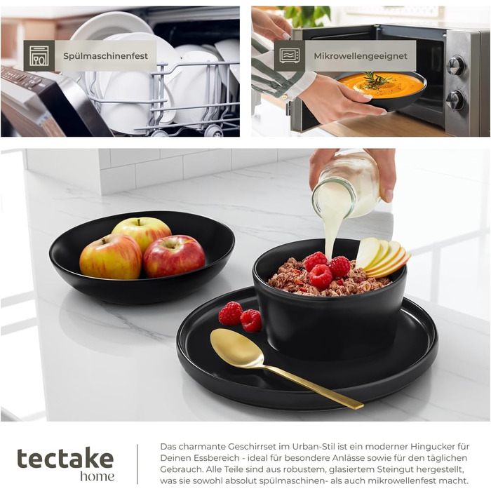 Набір посуду Tectake® 30 предметів: тарілки, миски, чашки, тарілки для їжі та сніданку, глибокі тарілки, миски. Чорний набір посуду з каменю, 6 осіб.