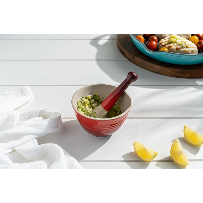 LE CREUSET Мörser und Stößel (Товкач та пестик), Глазурований керамічний, Ø 11.5 см, 360 г, 300 мл, Червоний