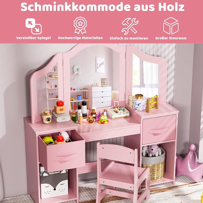 Дитячий туалетний столик MAMIZO 2 в 1 з дзеркалом та стільчиком, рожевий, з 2 висувними ящиками