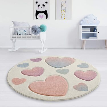Таракарпет дитячий килимок для дівчаток милі сердечка кремово-рожевий (120x120 см круглий, кремовий мульти)
