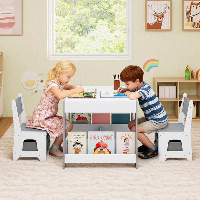 Дитячий стіл LIFEZEAL 3 в 1 з 2 стільцями: стіл для малювання, активностей та обідній стіл. Дерев'яна дитяча група з місцем для зберігання (світло-сірий)