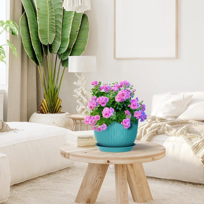 Великі горщики для квітів 3 шт. (12+10+9 дюймів), 30.5x25.4x25.4x22.9 см, для дому та саду, з водозливними отворами, блакитно-зелені, з ефектом хвилі, міцний пластик