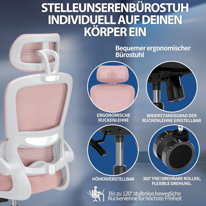 Офісне крісло TRALT Ergonomic - ергономічне крісло з регульованою підтримкою попереку та підголівником, ігрове крісло, крісло для дому, офісу, для великих людей (Рожеве)