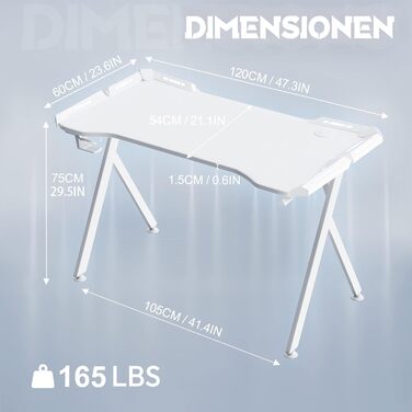 LED ігровий стіл YRHome з RGB-підсвічуванням, пультом дистанційного керування, тримачем для навушників та підставкою для напоїв. Білий, 120x60x75 см