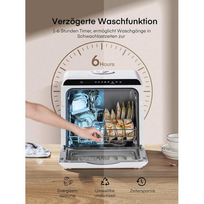Посудомийна машина Fohere компактна 5л з таймером відкладеного старту (6 годин), 6 програм, для кухні, кемпінгу, автодому
