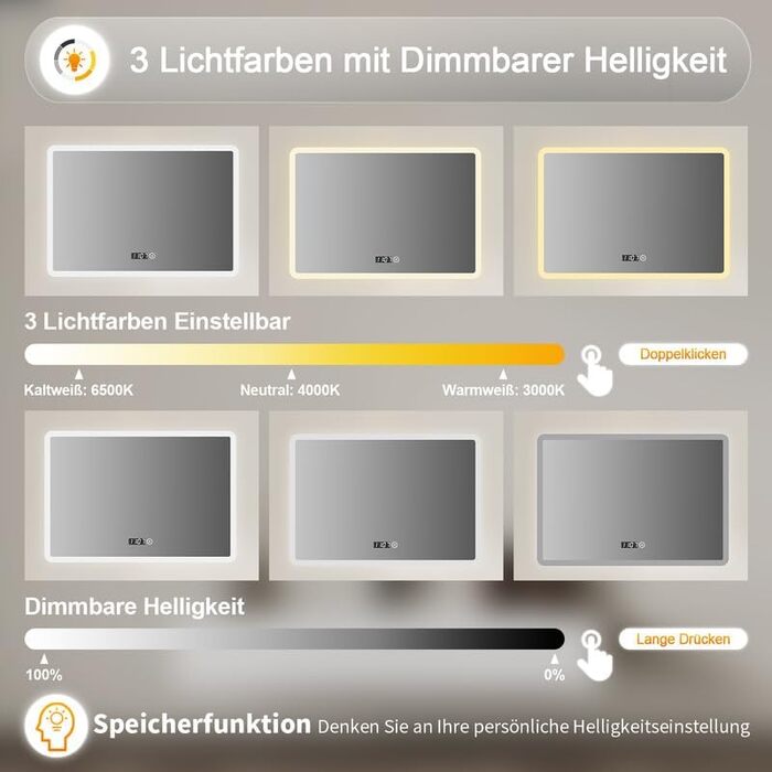 Дзеркало для ванної кімнати Badspiegel 50x70 з годинником та підсвічуванням 3 кольорів, сенсорне управління, прямокутне, 60x80x3.5 см