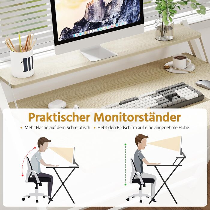 Злагоджений стіл Yaheetech Klappbar, 80 см, комп'ютерний стіл з полицею, двоступінчастий робочий стіл з підставкою для монітора, стіл для ноутбука для домашнього офісу/маленьких кімнат/вітальні, білий/80 см Д × 50 см Ш, білий (світлий колір дерева, 106.5x