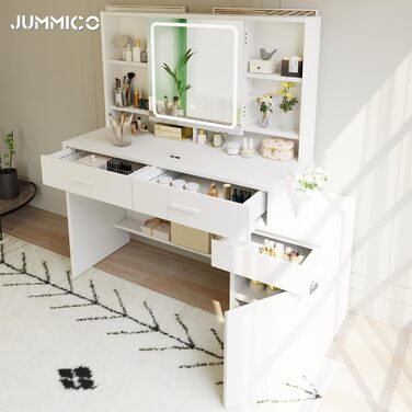 Дзеркало для макіяжу JUMMICO з LED-підсвічуванням, регульована яскравість та колірна температура, органайзер, туалетний столик з ящиками та регульованими полицями, 110x40x140 см