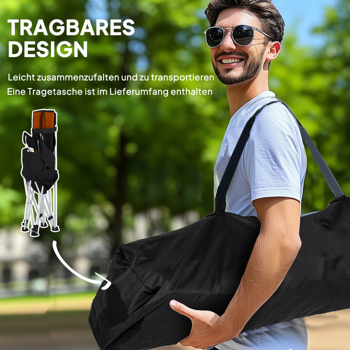 Набір з 2-х розкладних туристичних стільців для кемпінгу та риболовлі з знімною підніжкою та тримачем для напоїв, витримує до 120 кг, помаранчевого кольору.