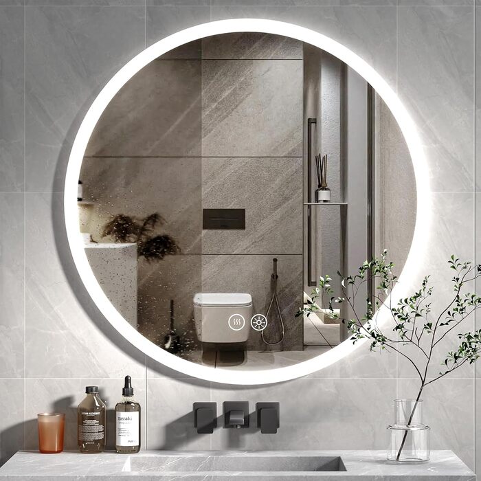 Дзеркало для ванної кімнати HySail з підсвічуванням, 5 мм, високоякісне срібне скло, 3 колірні температури та регульована яскравість, настінне дзеркало з сенсорним перемикачем та антизапарюючим покриттям, кругле (3 кольори + регулювання, 80x80 см)
