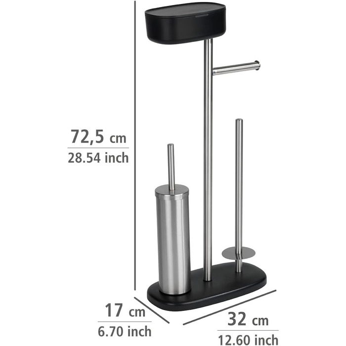 Окремо стоячий туалетний комплект WENKO з ящиком Rivazza, з вбудованим тримачем для туалетного паперу, тримачем для туалетної йоржика, запасним тримачем рулону та ящиком для зберігання, нержавіюча сталь/пластик, 17 x 72,5 x 32 см, чорний