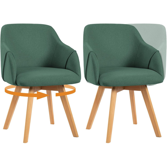 Обідні стільці Bekrvio 2 шт. з обертанням та підлокітниками – 360° стільці для обідньої кімнати, стільці до обіднього столу з тканини льон, дерев'яні ніжки з масиву бука, м'які жовті стільці для обідньої кімнати (2 шт., зелений льон)