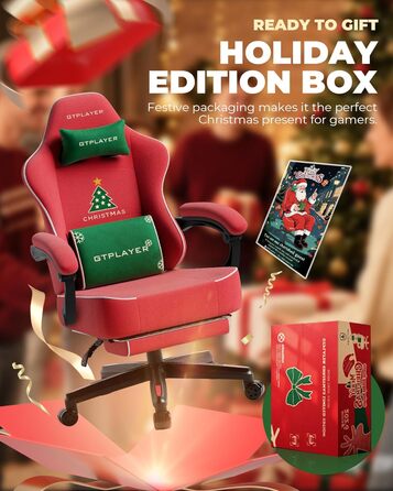 Ігровий крісло GTPLAYER з різдвяним мотивом, з підніжкою, широке сидіння, з подушкою для спини та синхронізованими підлокітниками для великих людей, велюр, червоний, на Різдво