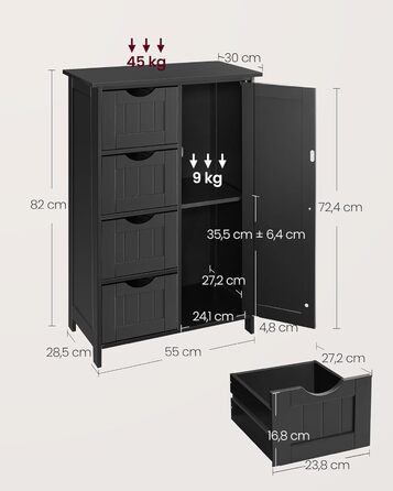 Тумба для ванної кімнати, вузька, 4 ящики, дверцята шафи, 30x55x82 см, чорнило чорне