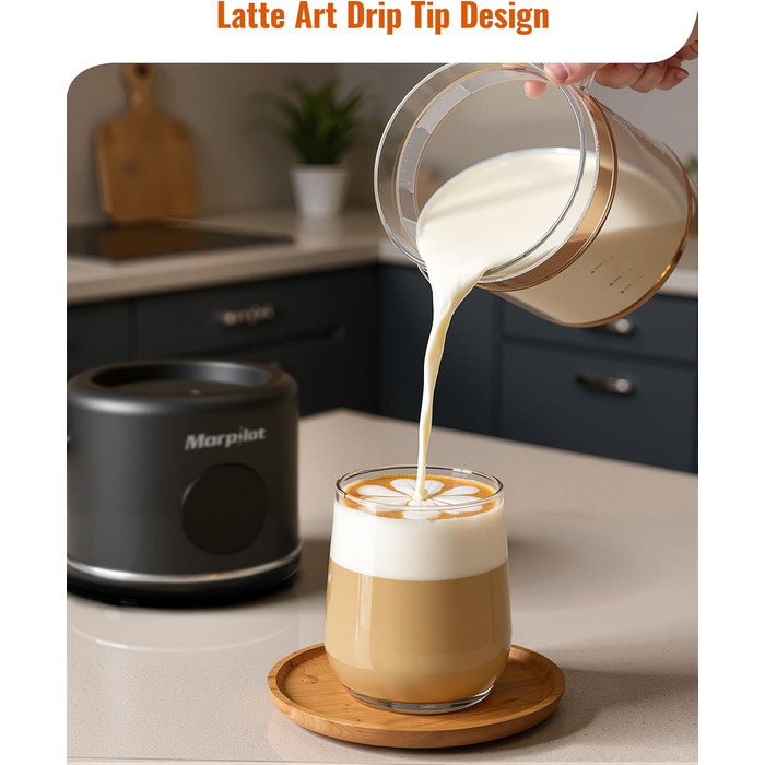 Електричний спінювач молока Morpilot 6-в-1, чорний, 130-500 мл, 600 Вт, для капучино, лате, гарячого шоколаду, миється у посудомийній машині