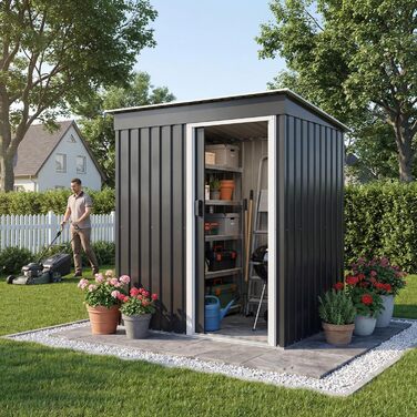Сарай металевий Devoko 96x98x160 см для саду, тераси, з похилим дахом, антрацит. Комплект: рукавички, замок.